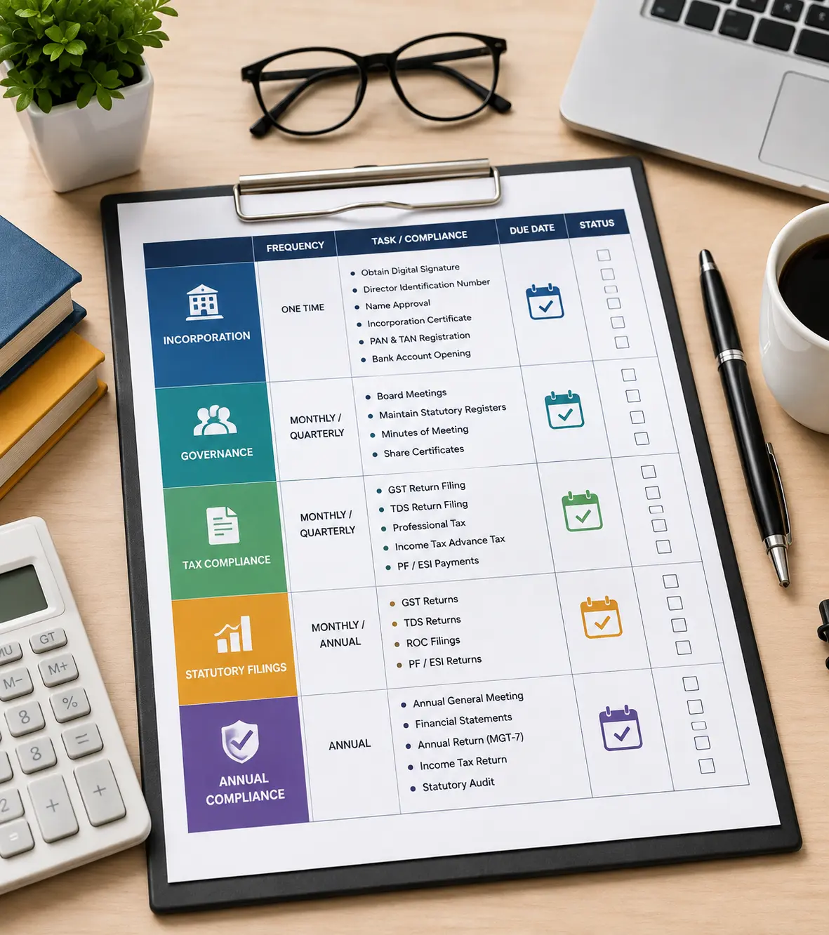 Post incorporation compliance calendar and annual filing checklist