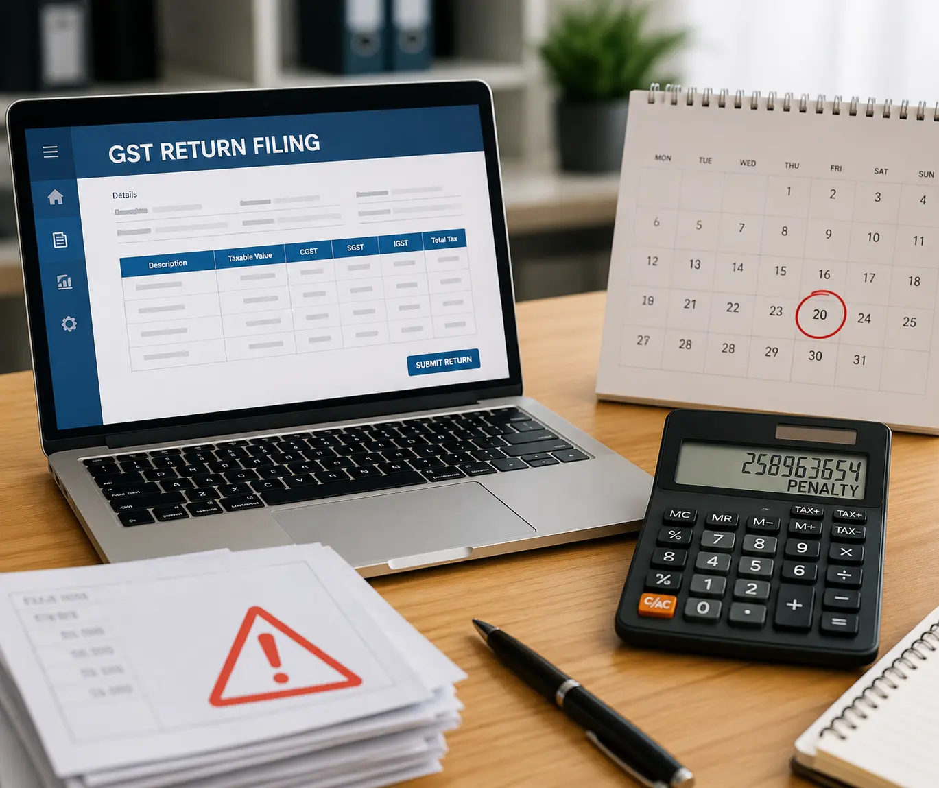 GST return filing on laptop with calendar showing due dates