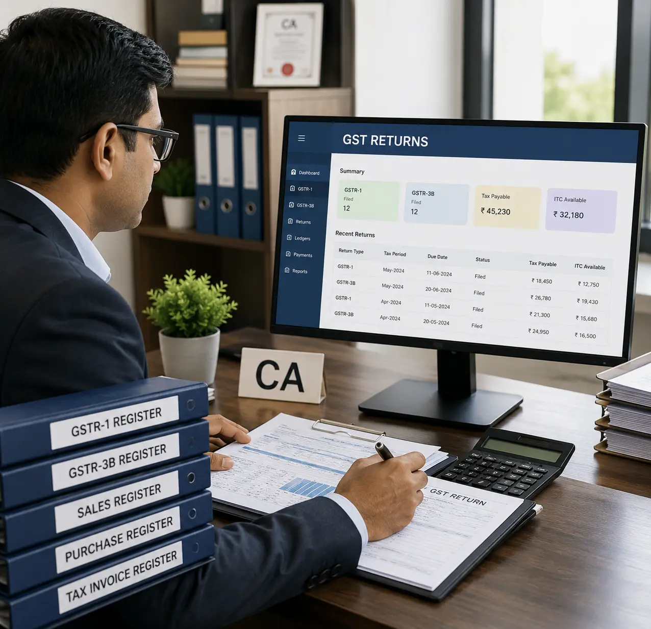 CA reviewing GST returns on screen with tax registers on desk
